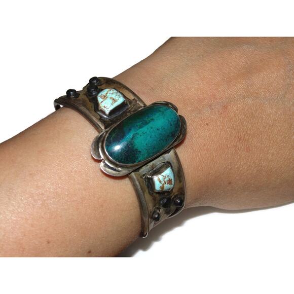Southwest Cuff Bracelet Navajo Sterling Silver Turquoise Malachite Richard Begay - Picture 5 of 5